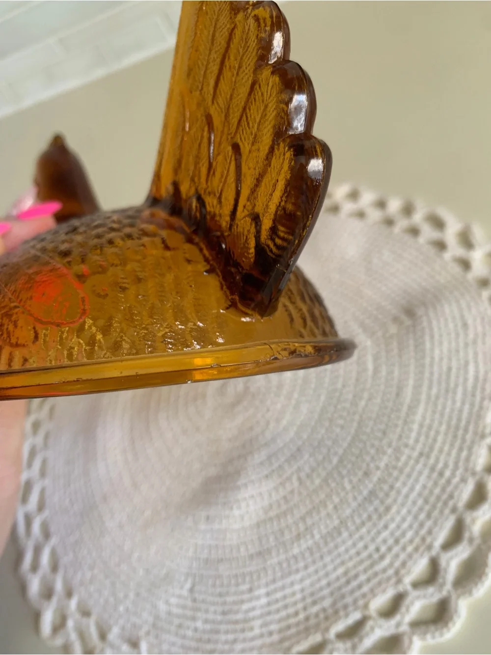 Vintage Indiana Glass Amber Hen on Nest 7” Beaded Rim Covered Dish